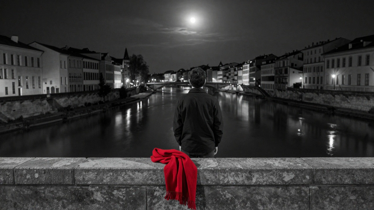 A lone figure stands on a bridge over the Ill River, moonlight reflecting on the water.