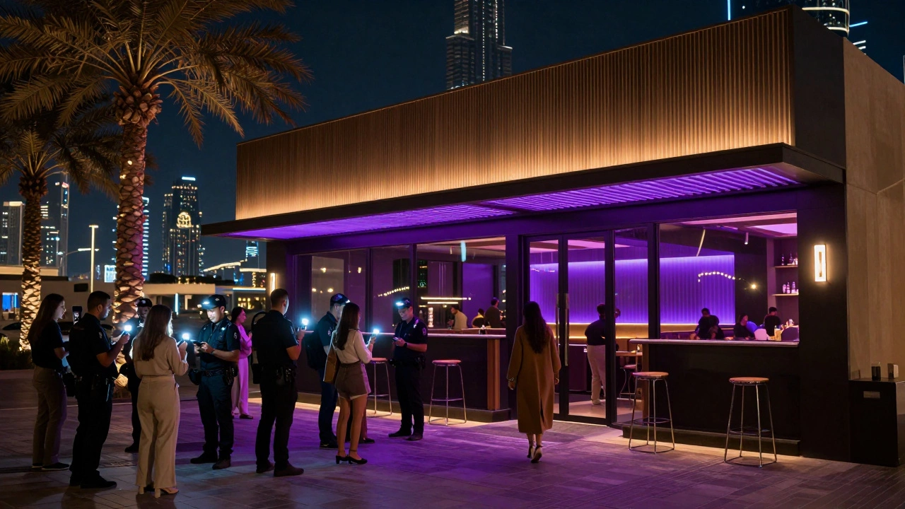 Nighttime exterior of Razzmatazz club in Bur Dubai with guests waiting outside and security checking IDs.