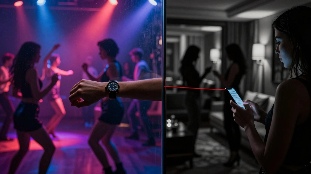 Symbolic split scene showing nightclub energy on one side and private companionship scenes on the other, connected by a red thread.