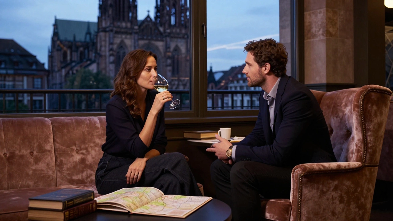Two people share a quiet moment in a boutique hotel lounge, conversing softly over wine.